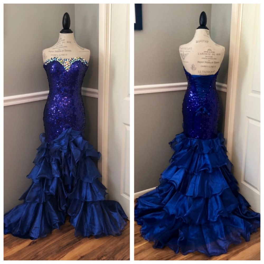 NEW TIFFANY DESIGNS SZ 2 ROYAL BLUE SEQUIN BEADED CORSET HIGH LOW EVENING GOWN